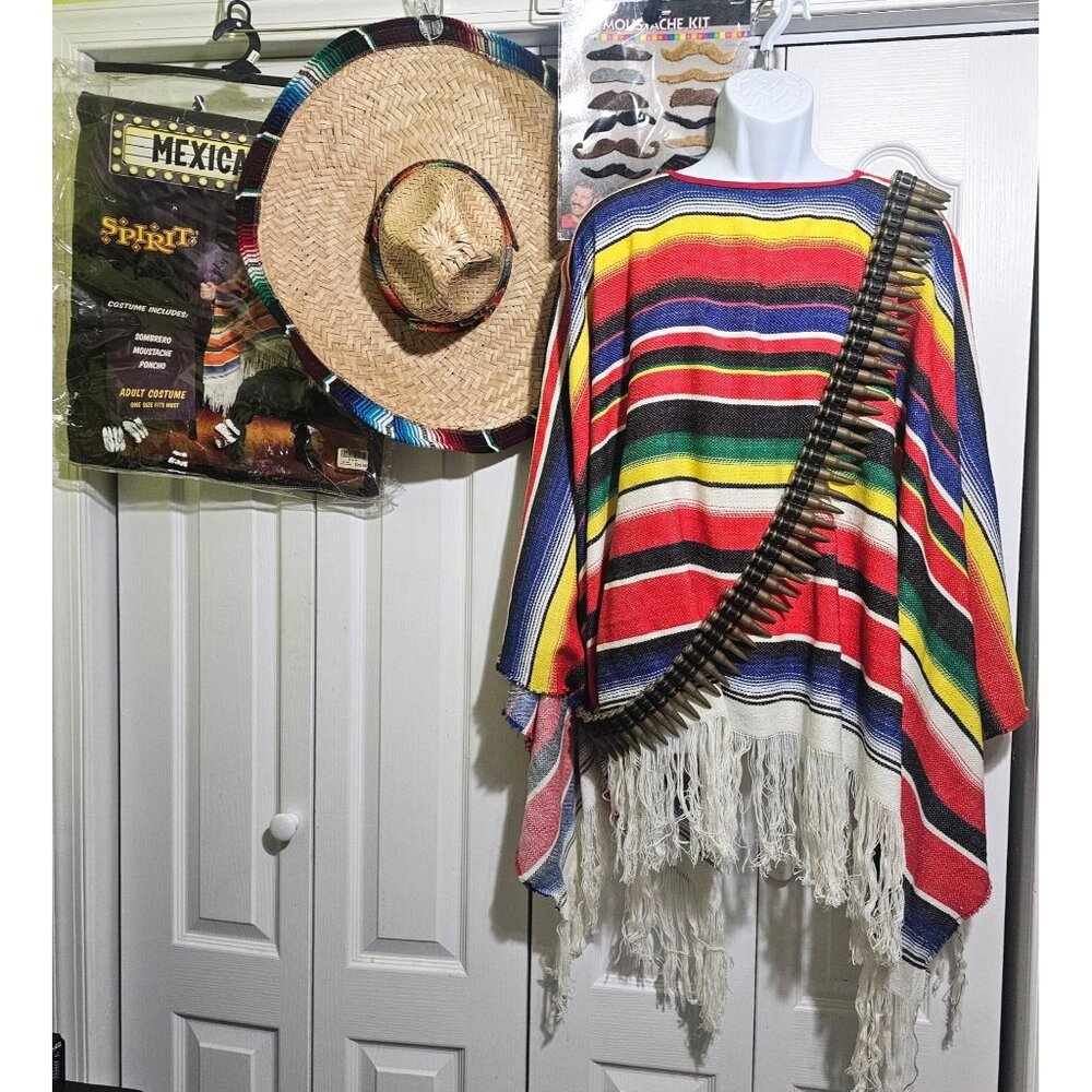 Spirit Halloween Mexican Costume Poncho Sombrero Serape Cinco De Mayo Bandolier